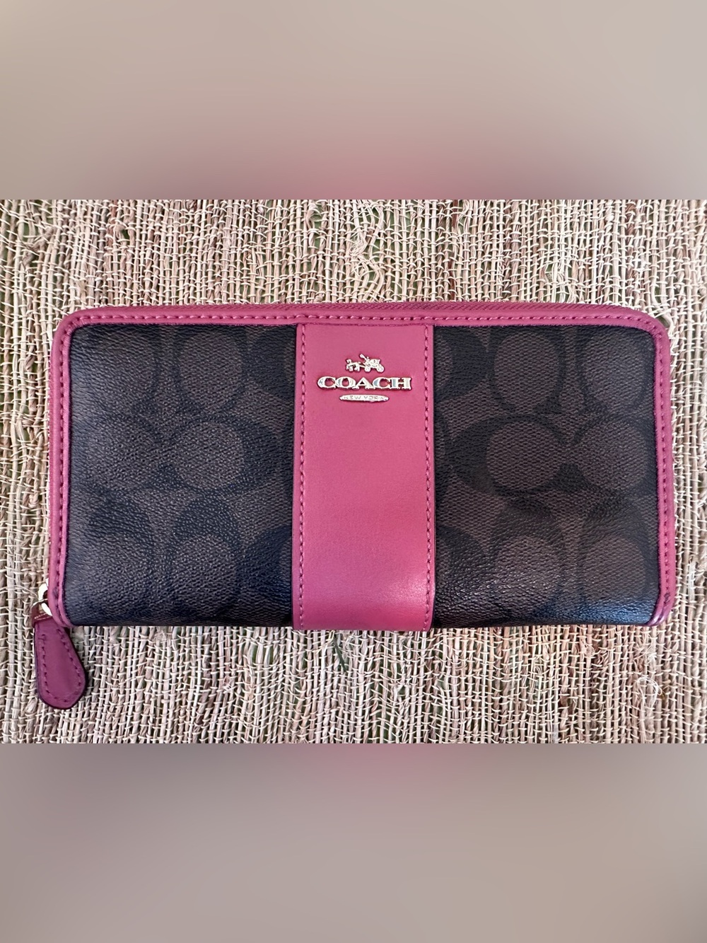 COACH Long ZIP AROUND WALLET Signature C F54630 PINK BROWN Accordion EUC